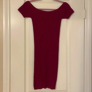 Maroon off the shoulder sweater midi dress